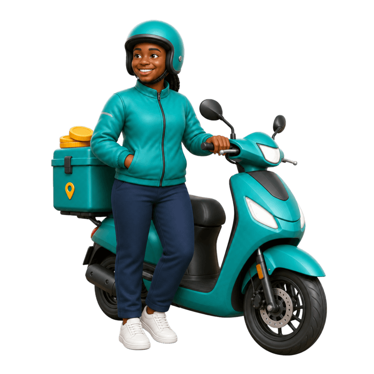An AMA Go delivery rider standing beside her scooter